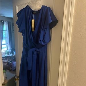 Brand new wrap blue dress. Size 14. Lovely dress for summer wedding!